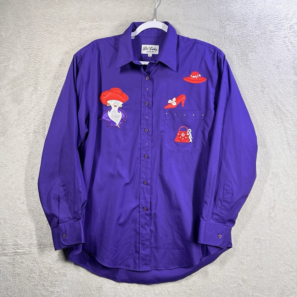 Get Lucky Red Hat Society Long Sleeve Button Front Shirt Purple Sz L Embroidered